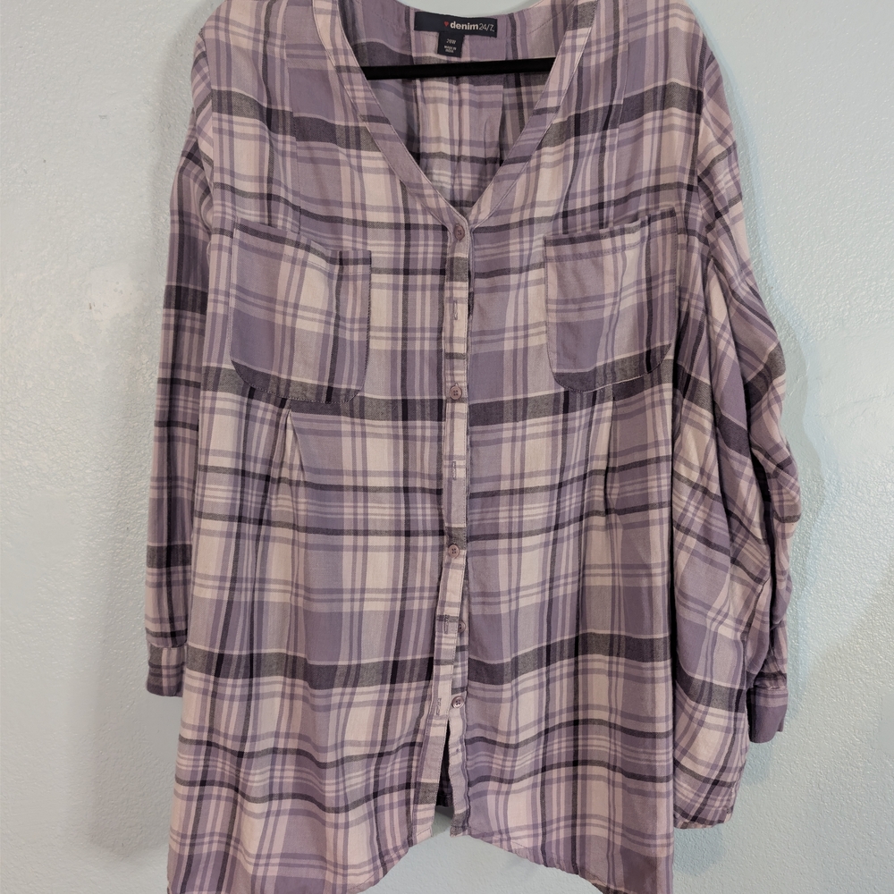 Denim 24/7 Plaid Top in Purple and Cream
